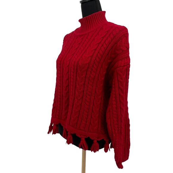Vintage Emanuel Ungaro Red‎ Cable Knit Mock Neck Cropped Fringe Sweater Large - Picture 3 of 5